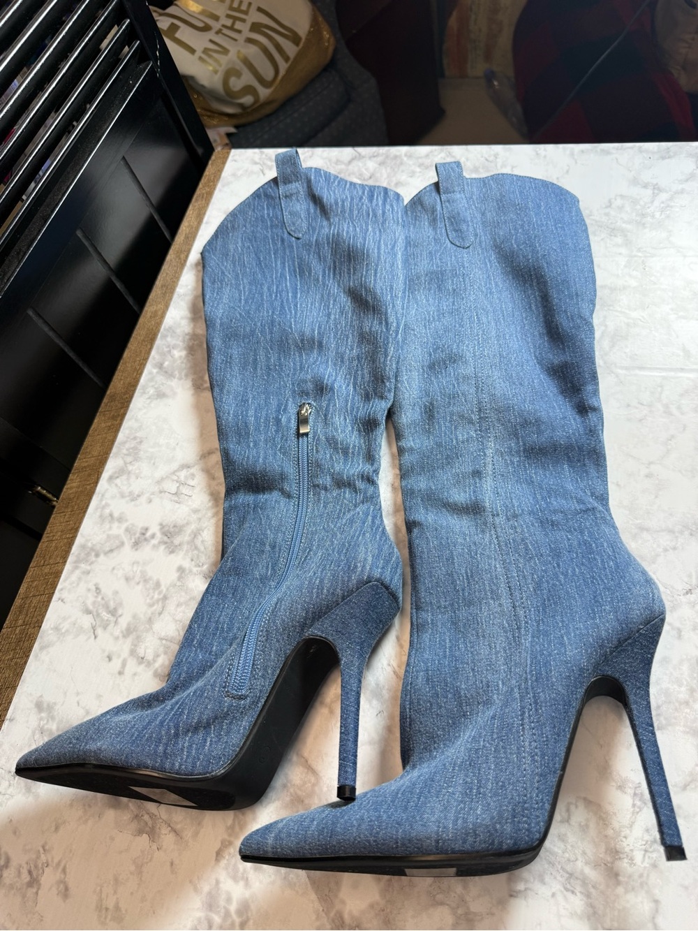 Denim Pointed-Toe Stiletto Knee-High Boots - Blue